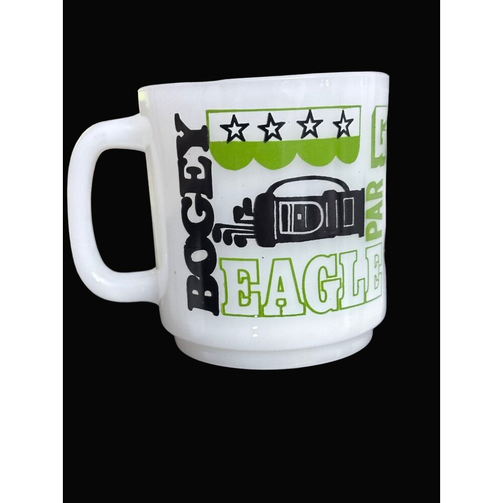 Golf-Themed White‎ glass Mug  Green & Black Text  Birdie Bogey Eagle Par  Retro